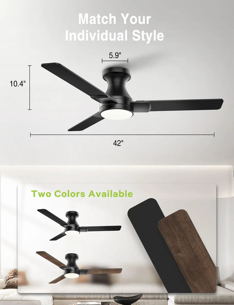 42 Inch Ceiling Fan With Lights 3 Blades Low Profile Flush Mount Black Finish Dope Remote And App Control feature display