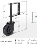 Beefed Up Heavy Duty Gate Wheel With Spring Loaded 4.3 Inch Gate Caster shown in dimensions with included hardware