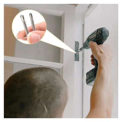 Using Stainless Steel Phillips Washer Self Tapping Screws Set Pro Grade With Flat Head Hex Head And Eye Hook Variants on a door hinge