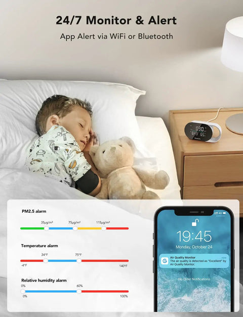 Child sleeping with teddy bear, phone displaying air quality alerts, and smart air monitor on nightstand with LED display.