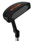 Junior Edition Kids Putter 24 Inch Right Handed With Soft Grip And Alignment Line Black Orange For Ages 3 To 8 Height 3 Feet 2 Inches To 4 Feet Perfect Starter Putter For Young Golfers showing side view of the putter head.