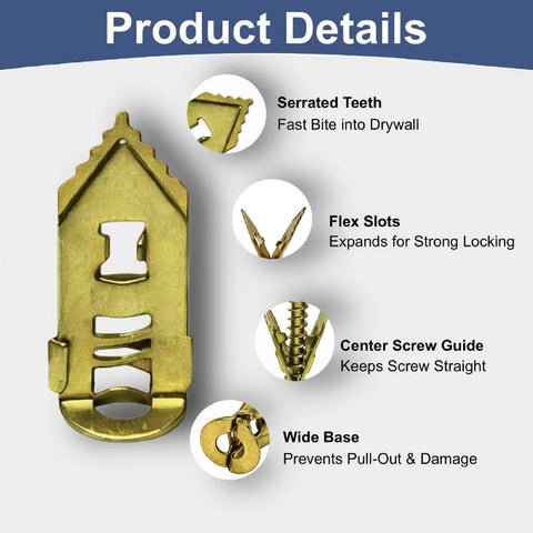 Close-up of serrated zinc-plated drywall anchor showing design features for the 120 Piece Self Drilling Drywall Anchors With Screws Kit In Zinc Plated Steel For Fast No Drill Wall Mounts Easy DIY Install No Pre Drill Or Holes In Wall Expansion Anchors For Shelves Mirrors Curtain Rods And Picture Frames.