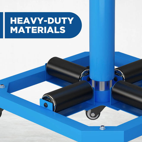 Base of Rugged Heavy-Duty 1000 Lb Cable Reel Turntable with lockable wheels and spool rack detail