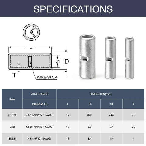 Specifications of Non Insulated Butt Connectors Kit 250Pcs Assorted 22-18AWG 16-14AWG 12-10AWG Copper Crimp Ferrule Terminals.