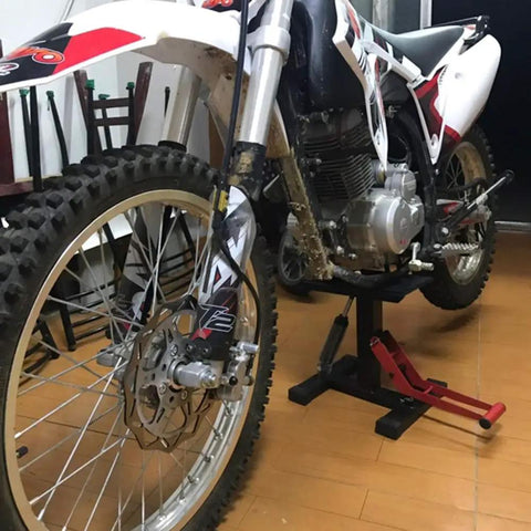 Hydraulic Motorcycle Lift Stand With Adjustable Deck Height 9.92 To 18.11 Inches, 150 Kg Capacity, Dirt Bike Jack Hoist lifting a bike.