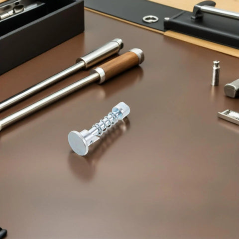 Premium Two Piece Metal Spring Loaded Forklift Locating Pin For 2 3 Ton Industrial Mast Carriage Stop Limit With Tool Free Install And Removal on a workbench.