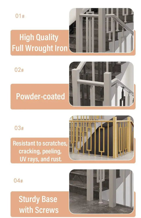 Eight Piece Metal Baluster Kit For Outdoor Deck And Porch Railing Featuring No Sweat Install And Badass Hold Strength For A Fresh Modern Banister Upgrade That Gives Your Yard A Totally Legit Glow Up showing sturdy, powder-coated wrought iron balusters.