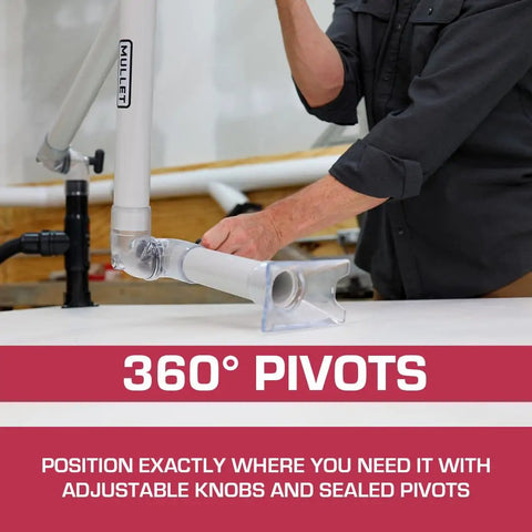 Person adjusting Third Hand Dust Collection Boom Arm for Workbench Mount with On Demand Fume Extraction and Snag Free Hose Drops