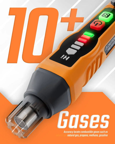 Portable Combustible Gas Leak Detector with Audible Alarm and Bright Visual LED displaying detection levels, close-up view.