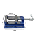 Heavy Duty 4 Inch Cast Iron Bench Vise Clamp For Woodworking And Pipe Work in blue color with precise dimensions and quick release mechanism.