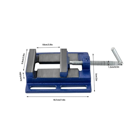 Heavy Duty 4 Inch Cast Iron Bench Vise Clamp For Woodworking And Pipe Work in blue color with precise dimensions and quick release mechanism.