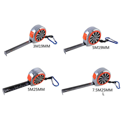 Rugged Steel Tape Measure With Handy Pocket Clip for Home Projects and Pro Craftwork in various sizes with blue carabiner clip