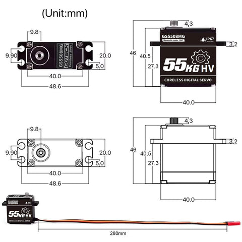 55Kg Coreless Digital Servo With Waterproof Design, 8.4V High Torque Metal Gear for RC Crawler dimension diagram