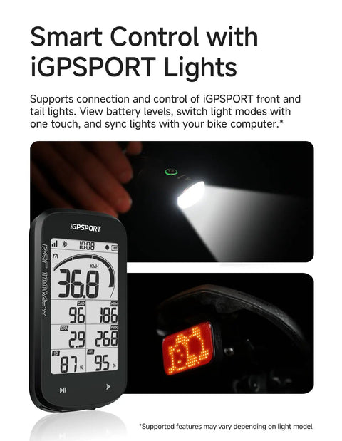 BSC100MAX GPS Bike Computer With 3 Inch Display showcasing control panel and synchronized iGPSPORT lights in use.