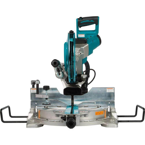 Makita 10-inch dual-bevel sliding compound miter saw with laser, teal body and silver base, front view.