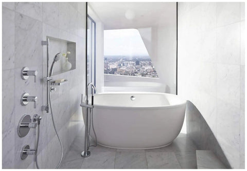 Modern bathroom with handheld shower, tub, and city view featuring Awaken B90 Multi Function Handshower Kit With Handheld Shower Head 24 Inch Slide Bar 60 Inch Hose 1.75 GPM Polished Chrome No Fuss Three Spray Modes For Wide Coverage Intense Drench And Targeted Spray.