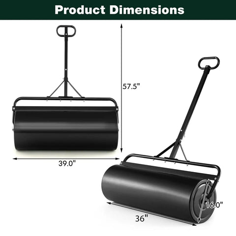 Tow Behind And Manual Lawn Roller 30 Gallon Water Filled Steel Sod Roller with Push Pull Handle dimensions shown