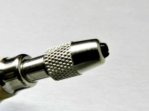 Close-up of steel collet on Hand Chuck Pin Vise Tool With Pear Shaped Wooden Handle, Two Steel Collets For 0 To 1/8 Inch Bits