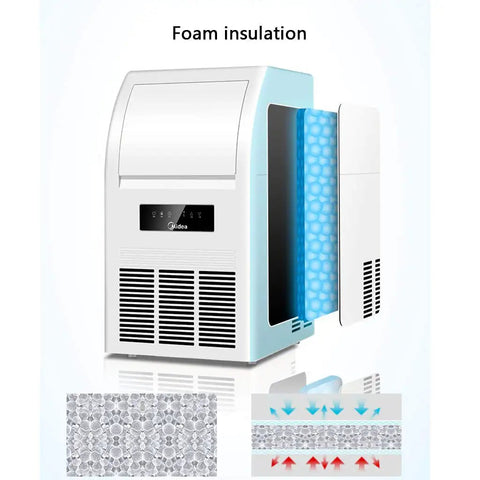 Premium Automatic Ice Cube Maker Pulling Forty Kilos Daily showing foam insulation and design features.