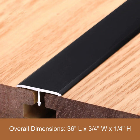 Close-up of Rugged Aluminum T Molding Floor Transition Strip 36 Inch By Three Quarter Inch Matte Black with dimensional details