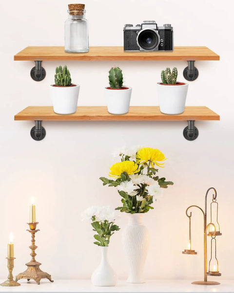 Built Tough Pipe Shelf Brackets Set 4 Pack Black L Shaped Iron Shelving Brackets 4x4 Inch holding wooden shelves with decor