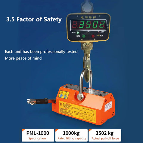 Boss Level Neodymium Magnetic Lifter With Anti Collision Release Lever For Lifting Thick Steel Plates Iron Blocks And Round Bar Badass Heavy Hauler 3300 Pound Lift Capacity with weight display.