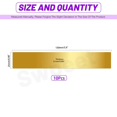 Diagram of brass strip dimensions, 0.004 inch thick, 6 inches long by 1 inch wide, from Premium Brass Shim Stock Kit for DIY Crafters.