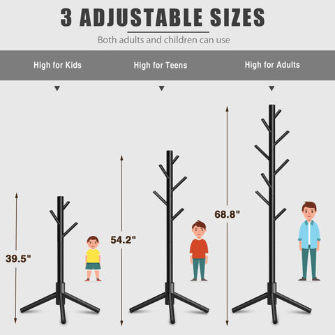Freestanding Coat Rack With 8 Hooks And 3 Adjustable Heights, space saving design for kids, teens, adults; black finish.