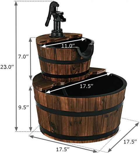 2 Tier Barrel Waterfall Outdoor Fountain With Electric Pump Rustic Wood Water Feature for Garden Patio Backyard