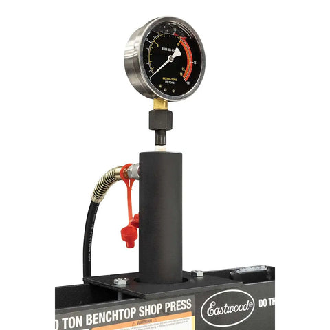 Close-up of gauge on 10 Ton Benchtop Hydraulic Press With Pressure Gauge, Compact Pro Shop Press In Black Steel, 20,000 Lbs Capacity