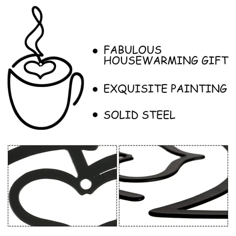 Three Piece Coffee Cup Wire Wall Art Set For Coffee Bar Decor with close up of heart design and solid steel details