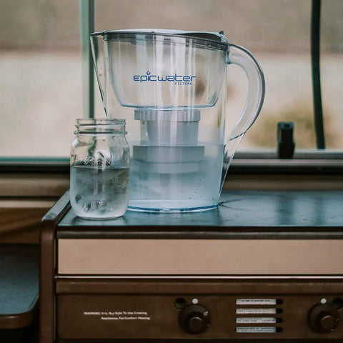 Pure Filter Water Pitcher For Refrigerator 10 Cup Capacity With 150 Gallon Filter on a kitchen counter