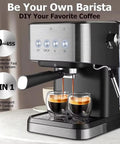 Skip The Long Line With This Fire 20 Bar Espresso Machine Featuring Programmable Settings Integrated Milk Frother Steam Wand And Easy Pour Tank For Killer Latte Art Straight From Your Kitchen Counter, with espresso pouring into two cups.