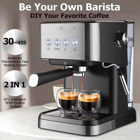 Skip The Long Line With This Fire 20 Bar Espresso Machine Featuring Programmable Settings Integrated Milk Frother Steam Wand And Easy Pour Tank For Killer Latte Art Straight From Your Kitchen Counter, with espresso pouring into two cups.