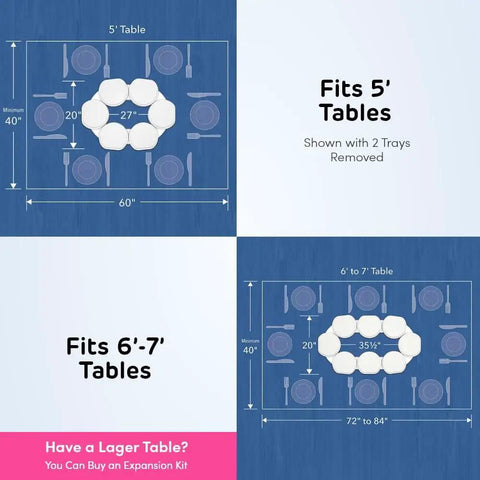 Diagram showing Expandable Lazy Susan Turntable For Rectangular Dining Tables sizing for 5' and 6-7' tables with removable trays.