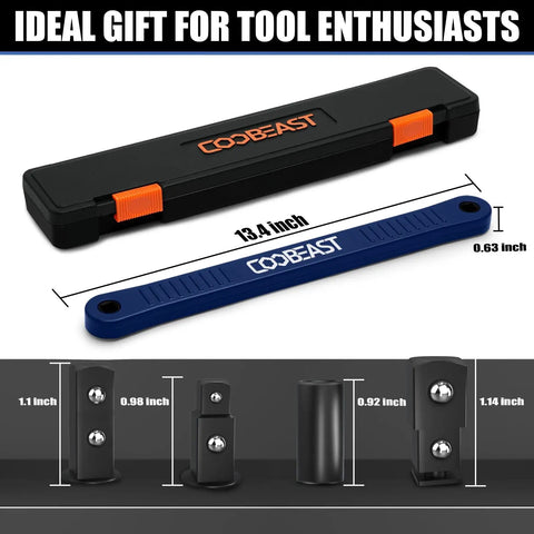 Offset Extension Wrench For Tight Spots Impact Ready Socket Extender With adapters and size details in 13.4 inch length.