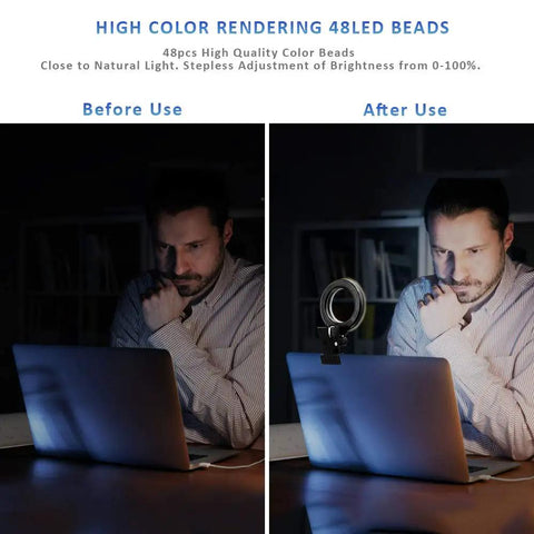 Clip On Ring Light For Video Calls And Live Streaming With Adjustable Color Temperature And Brightness Ideal For Remote Work Zoom Calls Distance Learning Self Broadcasting And Desktop Conferencing on laptop, before and after comparison