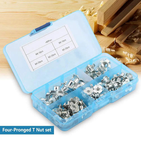 Heavy Duty Carbon Steel T Nut Kit for Woodworking and Furniture, 80 Piece Set with M3 M4 M5 M6 M8 Tee Nuts in plastic case
