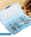Four Pronged T Nut Kits 80 Piece Zinc Plated Carbon Steel Assorted M3 M4 M5 M6 M8 in open plastic case for woodworking