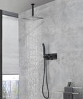 Shower System, 10-Inch Ceiling Rain Head with Handheld Spray, Matte Black with water streaming down from the shower head.