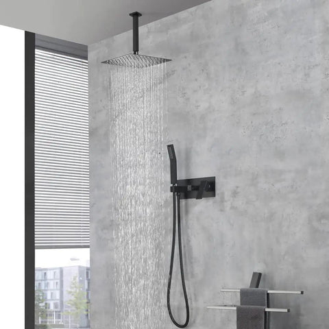 Shower System, 10-Inch Ceiling Rain Head with Handheld Spray, Matte Black with water streaming down from the shower head.