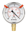 SCTSNSR glycerin-filled vacuum/pressure gauge, 2.5 in dial, -30 inHg to 0, 1/4 in NPT lower mount, stainless steel case