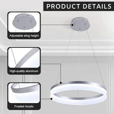 Sleek Modern LED Chandelier Round Pendant Light 19.7 Inch Dimmable Ceiling Light With Height Adjustable Design close-up.