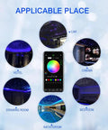 Dope 16W RGBW Fiber Optic Star Ceiling Light Kit shown in various settings like car, cinema, and bedroom with app interface.