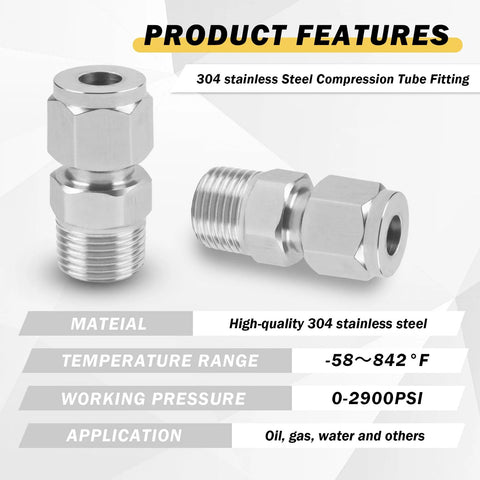 Set of two 304 stainless steel compression tube fittings; 1/8in NPT male to 6mm tube OD with double ferrules.