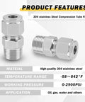 Front and side views of two Yoebor 304 stainless steel compression tube fittings, straight adapters, 3/8 in. OD x 3/8 in. NPT male.