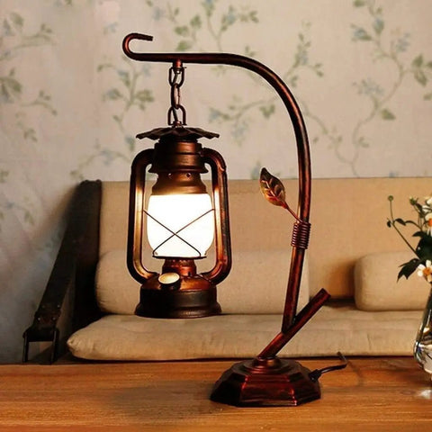 Rustic Lantern Table Lamp with Glass Shade for living room and bedroom, cozy nightstand lighting for end tables, warm glow.