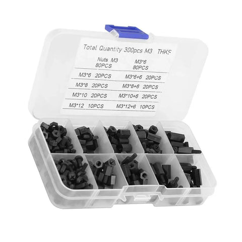 M3 Nylon Standoff Kit 300 Piece Assortment With Male And Female Screws Nuts And Spacers For PCB motherboard mounting, open organizer case