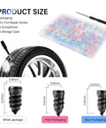 100 Piece Tire Repair Kit With Screw-In Plugs, 3 Size Set, Includes Screwdriver, Heavy Duty Self Service Tire Plug Kit For Truck And SUV Punctures, Fast And Easy Pro Grade, shown with tire and repair components.