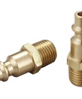 Two brass air hose fittings with 1/4-in NPT male threads, Type D quick-connect, solid brass; side and upright views.